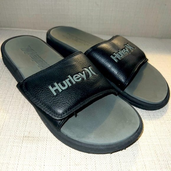 HURLEY Size 8 Black with Gray Logo Adjustable Men's Comfort Slide Sandals - Picture 1 of 11